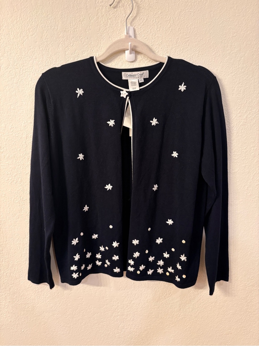 Coldwater Creek Cardigan with White Floral Embroidery - Navy NWT Size 10